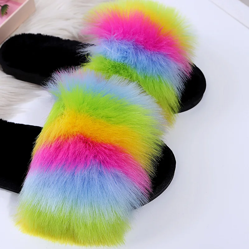 

2021 Winter New House Plus Fluffy Uppers Women Fur Slippers Mixed-Color Non-Slip Bedroom Girls Plush Shoes Home Ladies Slides