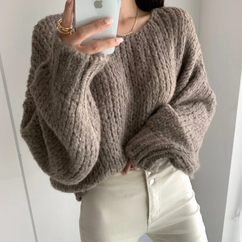 

7 цветов шикарные корейские ленивые пуловеры с круглым вырезом и длинными рукавами-фонариками трикотажные конфетные повседневные пуловеры