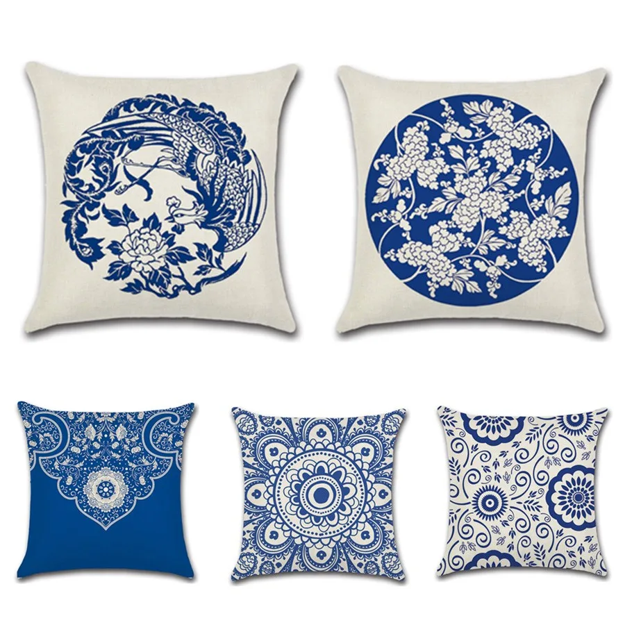 

2 PCs New Style National Style Phoenix Chinese Style Blue and White Porcelain Life Flower Linen Pillow Case Cushion Cover