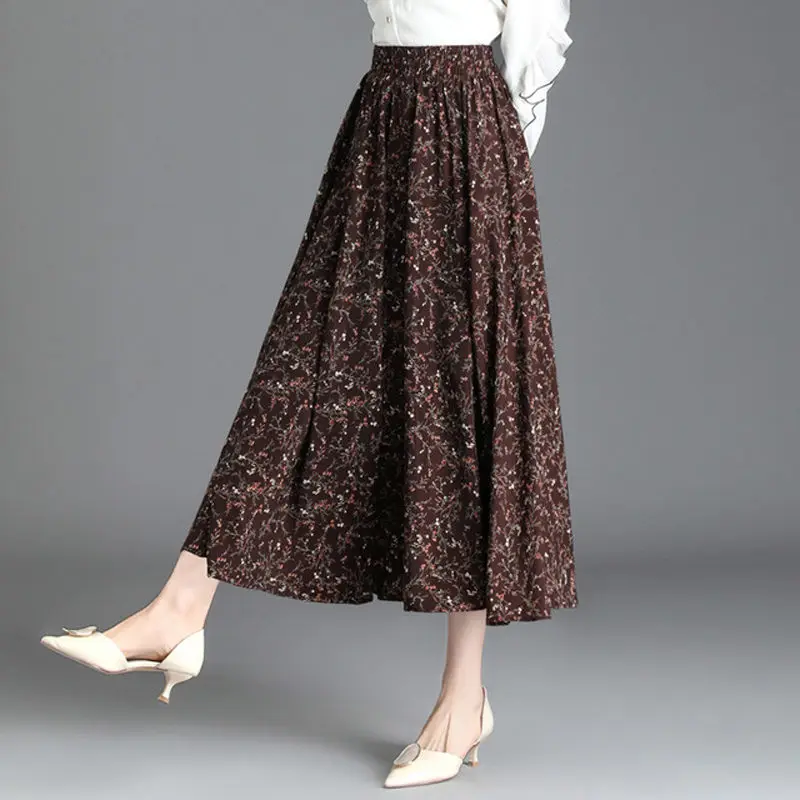 

Elastic High Waisted Linen Small Floral Skirt Autumn and Winter Women A-Line Pleated Skirt Pastoral Elegant Femme Jupe 2020 y391