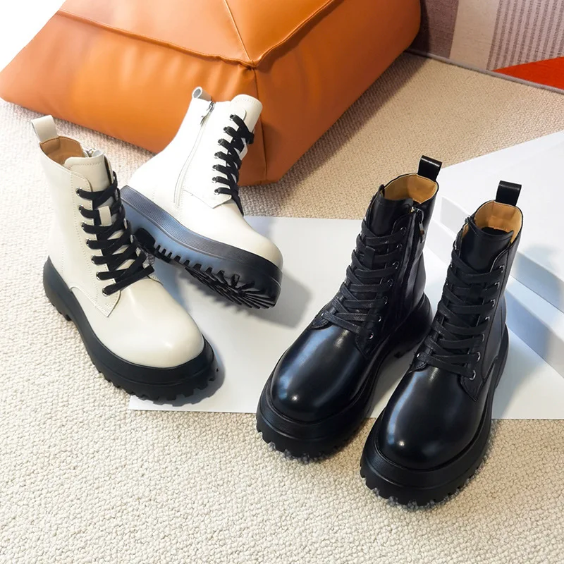 

Новинка 2022, увеличивающие рост ботинки, женские кожаные демисезонные одноботинки, универсальные ботильоны на толстой подошве в британском ...