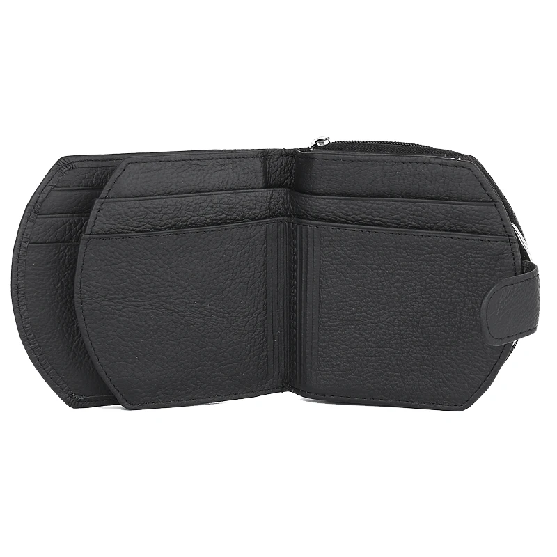 

JINBAOLAI Wallet Lady Leather Zipper Tri Fold Leather Buckle Wallet Wallet Tide Black