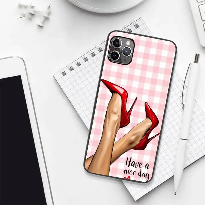 

Fashion Girls High Heels pink grid Phone Case for iPhone 7 8 11 12 Pro X XS XR Samsung A S 6 7 9plus 10plus 21s 71