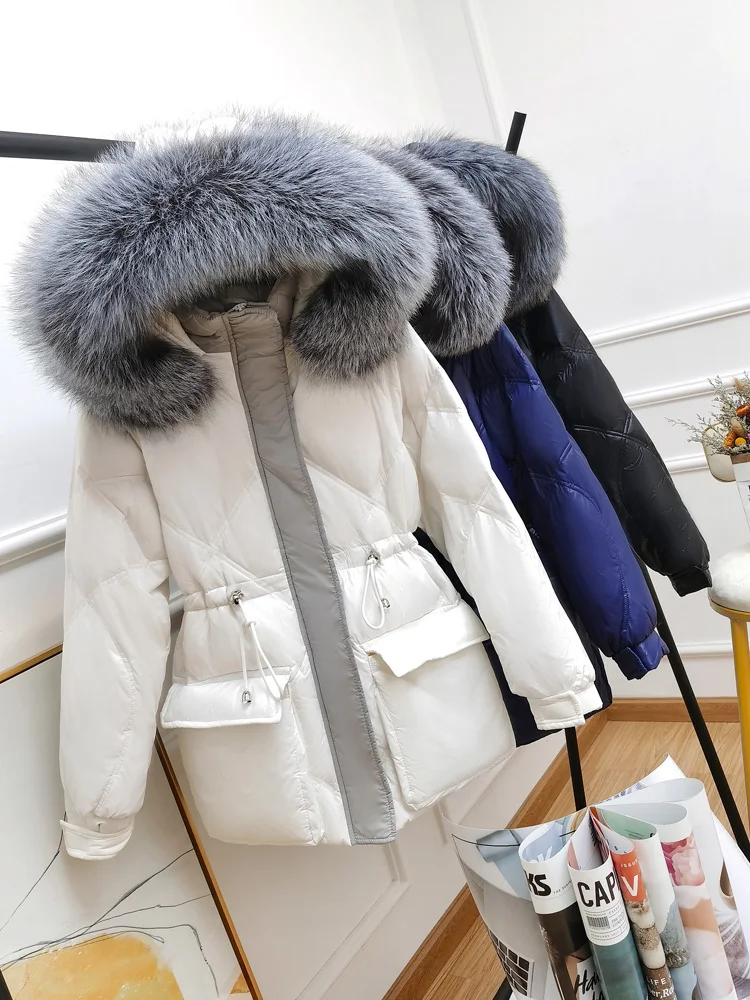 

2020 Winter Women New Jacket Fox Fur Collar Hooded Parkas Casual Short Big Pocket Oversized Snow Outwear