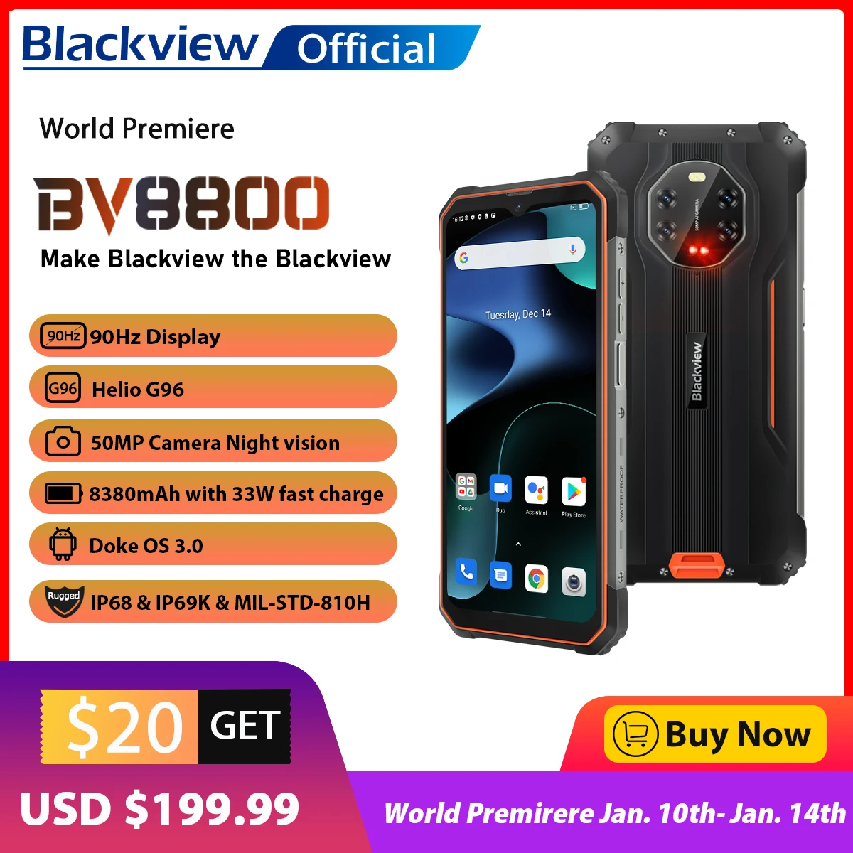 

Смартфон BLACKVIEW BV8800 защищенный, IP68, 8 + 128 ГБ, Android 11, Helio G96, 90 Гц