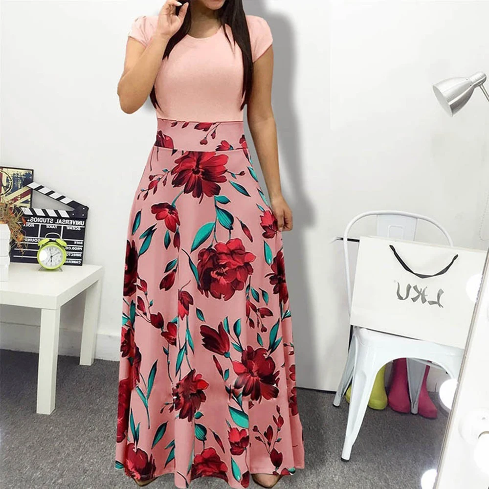 Женское длинное платье с цветочным принтом летнее коротким рукавом и круглым