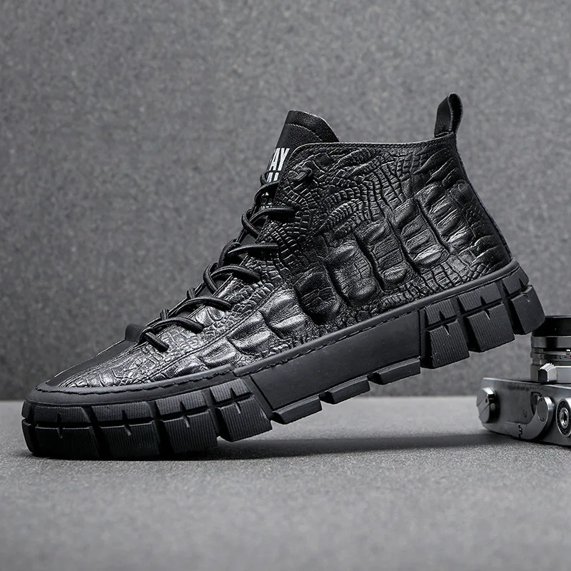 Новые мужские кожаные повседневные туфли с крокодиловым принтом высокие берцы