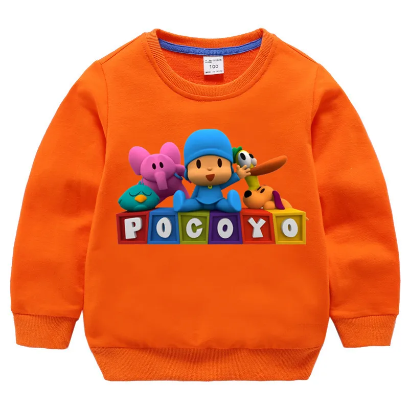 T127O-orange Детские хлопковые толстовки с капюшоном с принтом Pocoyo, хлопковый пуловер для девочек, топы для маленьких мальчиков, осенняя одежда - Цвет: T127O-orange