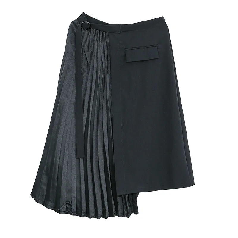 Женская плиссированная юбка LANMREM черная Асимметричная с раздельным соединением