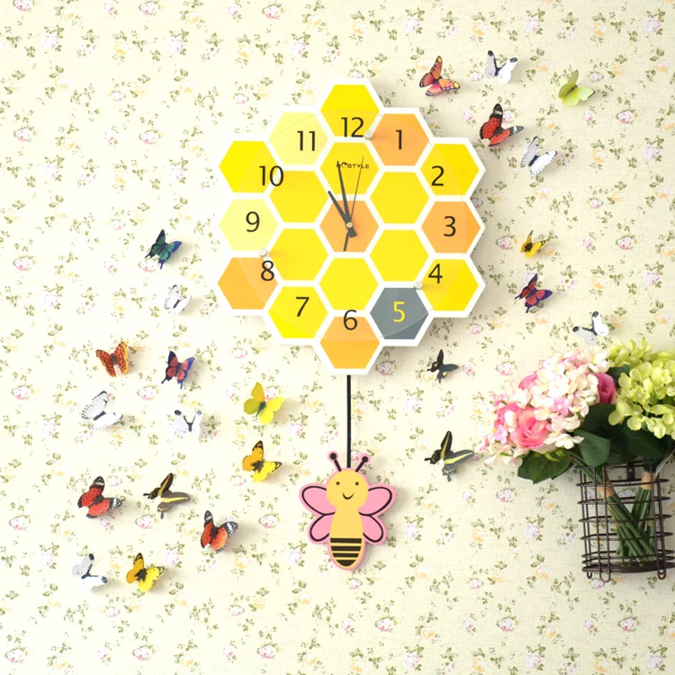 3d Bee Creative Pendulum Clock Children Room Wood Lovely Wall Kids Bedroom Decoration klok Watches Home Decor SC052 | Дом и сад