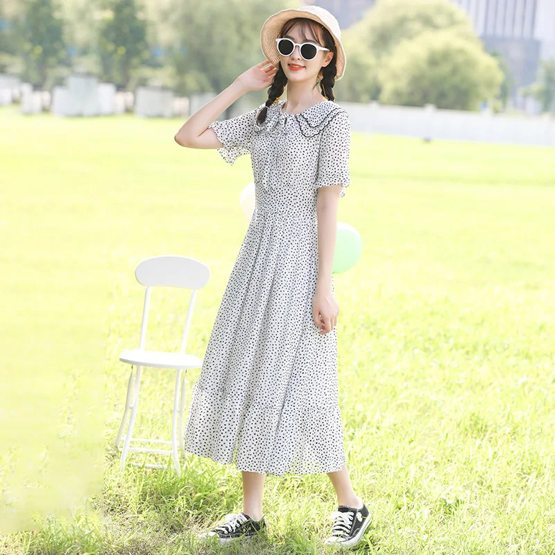 

202116 girl's dress long high school junior high school summer sweet baby collar skirt Chiffon Dress