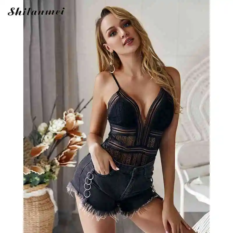 

Однотонные черные сексуальные кружевные комбинезоны, модные женские комбинезоны с глубоким V-образным вырезом, прозрачные сетчатые прозра...