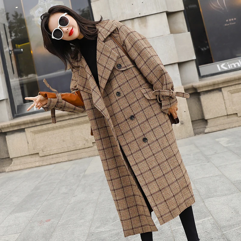 Женские Длинные Клетчатые Шерстяные Пальто Осень Зима теплые винтажные модные