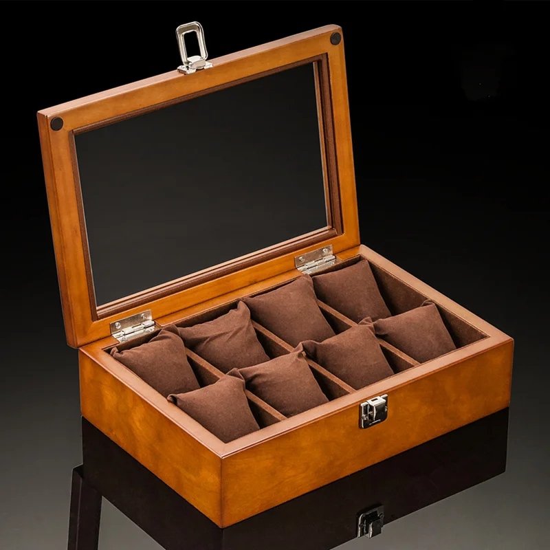 

8 Slots Watch Boxes Case New Coffee Wood Watch Storage Box With Glass Mechanical Watch Holder Gift Case Holder Women