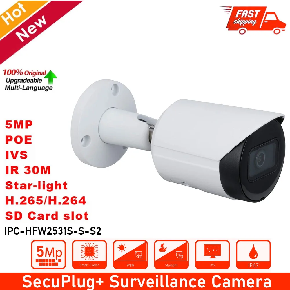 

Poe IP Camera 5MP Lite IR Fixed-focal Bullet Network IP Camera For Dahua IPC-HFW2531S-S-S2 H.265 Support SD Card