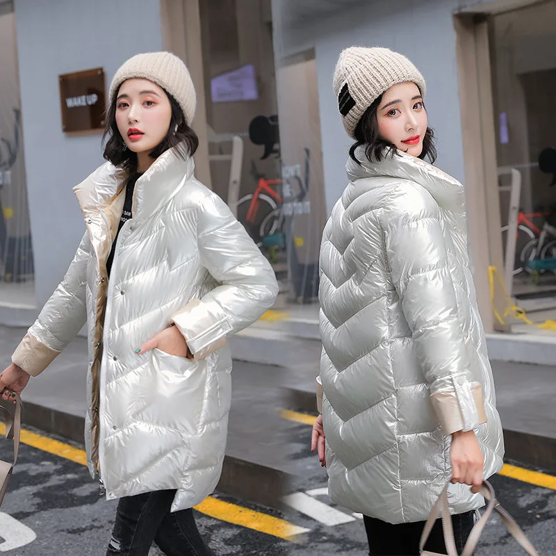 

Модные блестящие тканевые парки Kalenmos, женское контрастное пальто с высоким воротником, однотонная прямая куртка с хлебом, корейские женски...