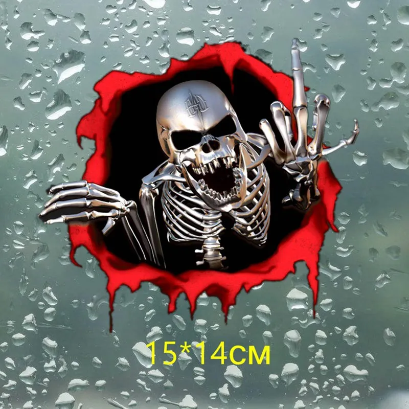 

15*14CM Auto Car Body Window Creative 3D Skeleton Skull Bullet Hole Sticker Car-Styling Decals Motorcycle Stickers