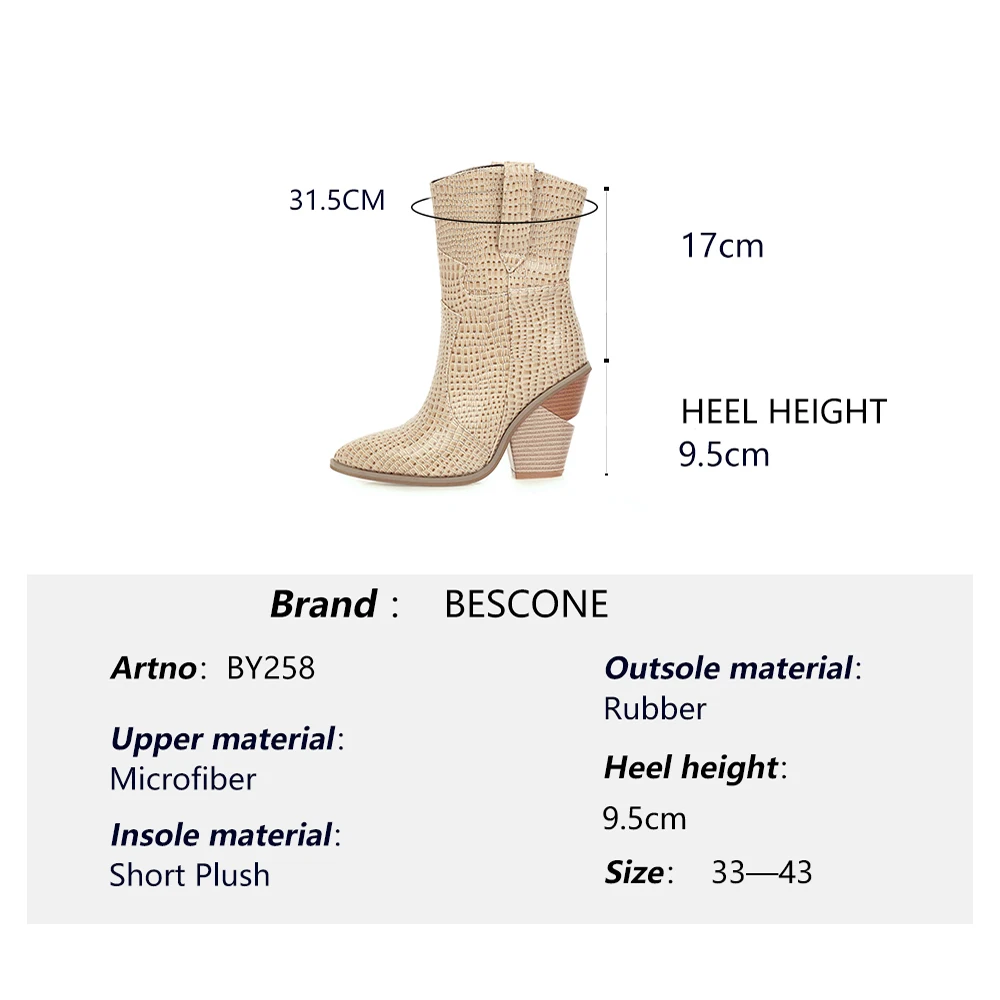 

BESCONE Fashion Women's Mid-Calf Boots Slip-On Microfiber Pointed Toe Comfortable Square Heel Solid Ladies Winter Boots BM258