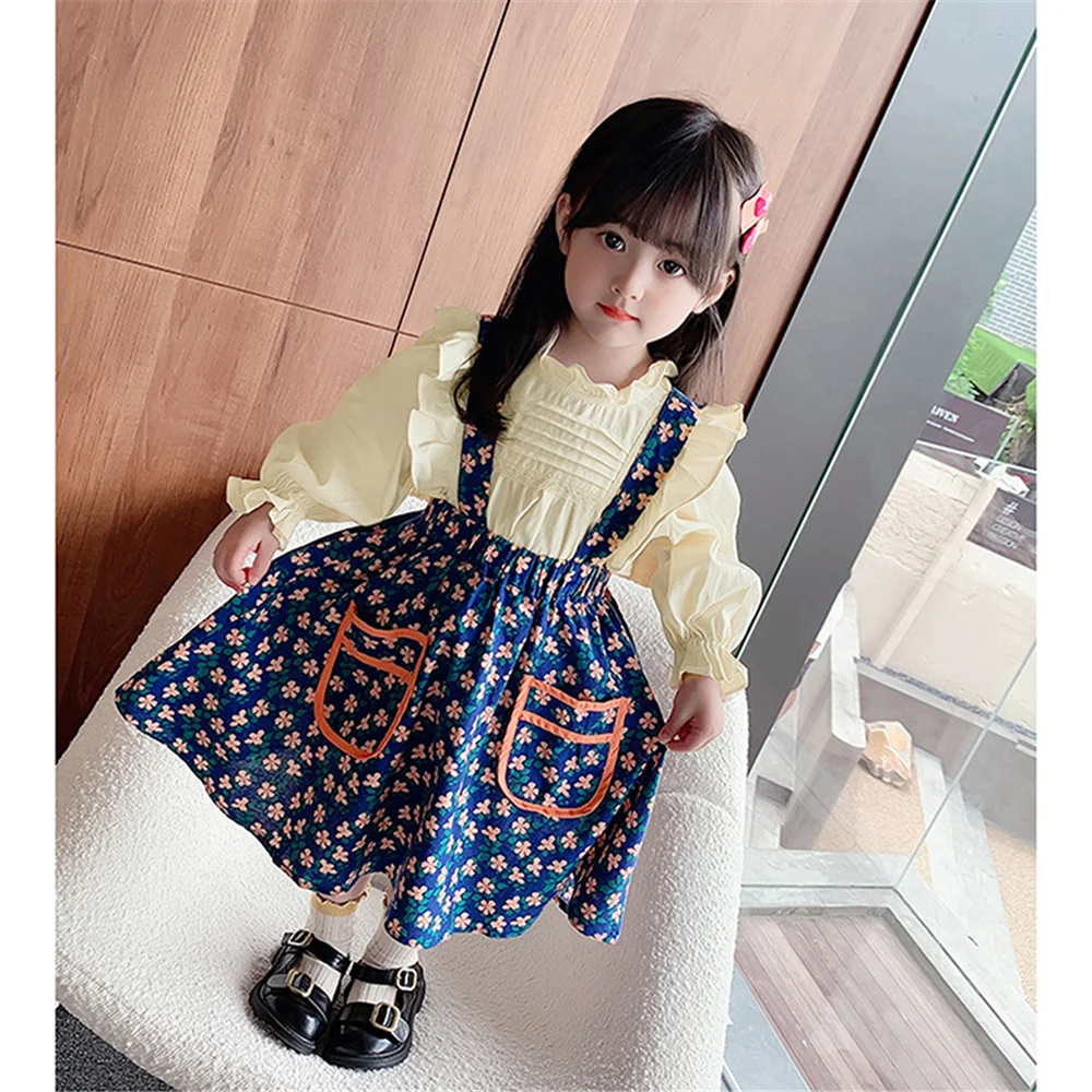 

3-8 Years Girl Children's Sets Spring Autumn Cute Kids Baby Long Sleeve Ruffled Shirt Tops And Floral Print Suspender Skirt Set