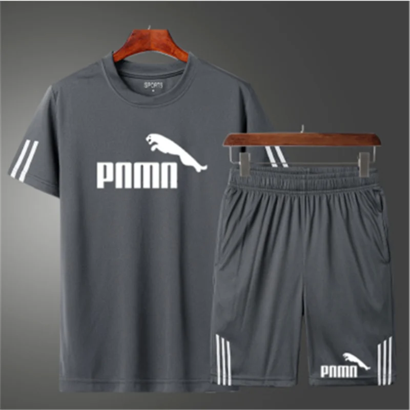 

2021 new fashion Men's fitness suit sports suit printed casual o-neck breathable T-shirt + sports shorts men's running suit