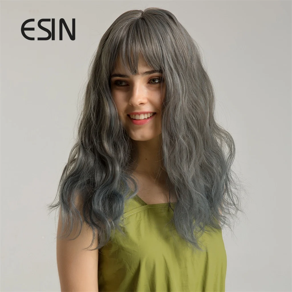 Парик ESIN средней длины с голубыми волнистыми волосами серого цвета челкой для