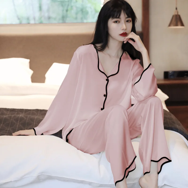 2021 New Spring Summer Ice Silk Women's Pajamas Sets Silk Loose Cardigan Thin Color Nightwear Home Wear Sexy Sleepwear Nightgown