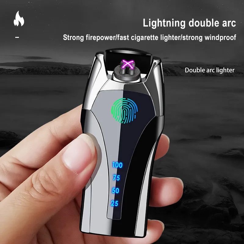 Touch Induction Double Arc Electric Lighter Charging USB Lighter Portable Windproof Cigarette lighters with LED Power Display