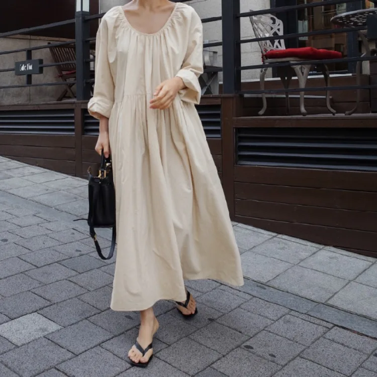 

Ladies Slid Color elegant style 3/4 Sleeve Maxi dress Casual female comfortable cotton dress wholesale