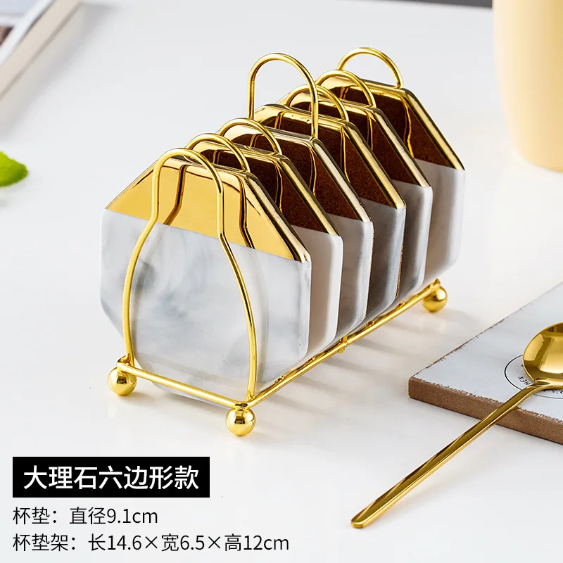 

6 pcs Light Luxury Marble Coasters 10cm Size With Shelf Set Heat Insulation Non-slip Pad For Household use
