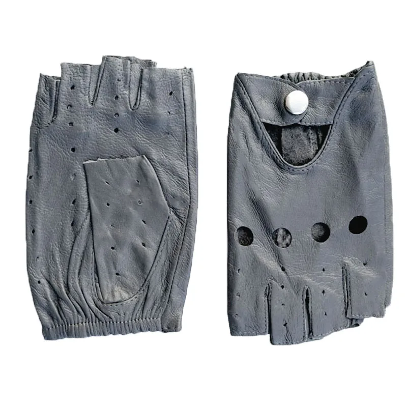 Перчатки с полупальцами женские кожаные тонкие модные пустотелые цветные из