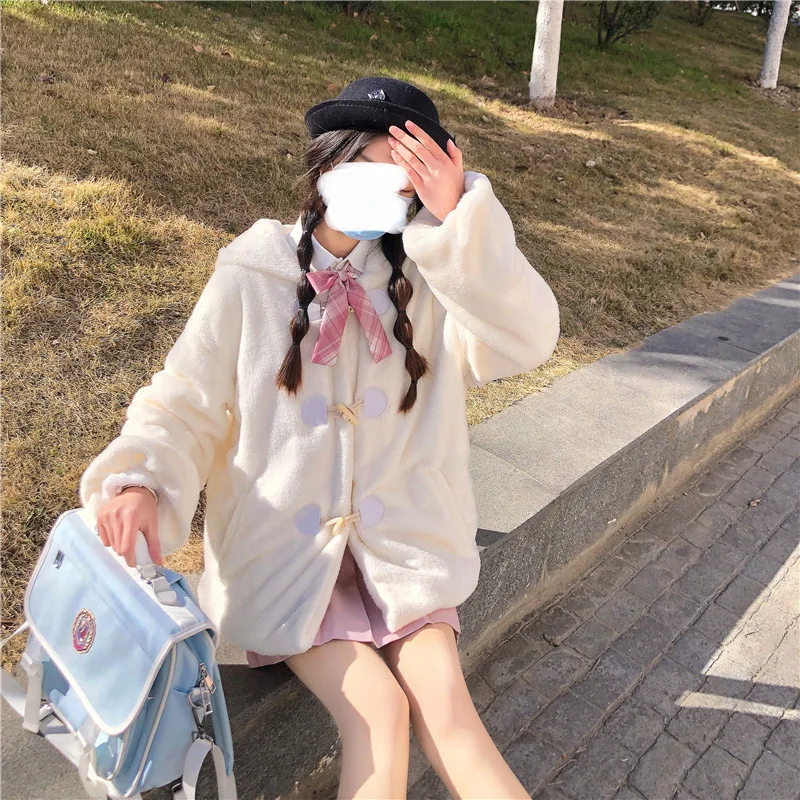 Women Faux Fur Overcoat Sweet Cute Rabbit Ears Horn Button Thicken Warm Teddy Lolita Coat Kawaii Girl Winter Plush Fluffy Jacket