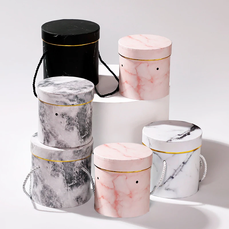 

Portable Round Marble Hug Bucket Eternal Flower Soap Flower Gift Box Cylinder Storage Packaging Box With Lid Wedding Party Decor