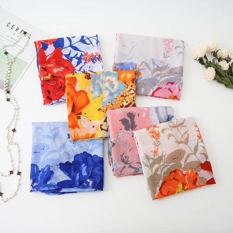 

Шарф женский из хлопка и вискозы, с цветочным принтом, большой размер, весна-осень