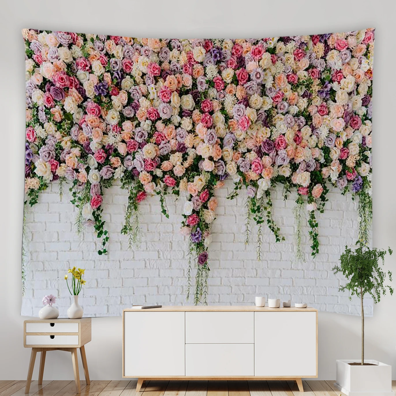 

Pink Rose Flower Wall Big Tapestry Green Leaves Vine Vintage Brick Wooden Board Wall Living Room Bedroom Wall Cloth Home Decor