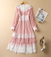 new 2022 spring dress high quality women crochet lace patchwork long sleeve mid calf length pleated dress pink black party wear