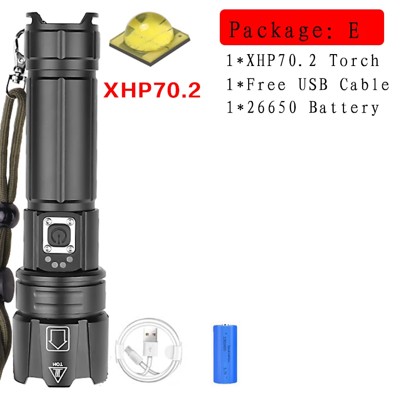 Яркий Перезаряжаемый светодиодный светильник-вспышка XHP90, мощный фонарь XHP70.2, супер водонепроницаемый фонарь с зумом, охотничий светильник, 18650 или 26650 Battey - Испускаемый цвет: Package E-XHP70.2
