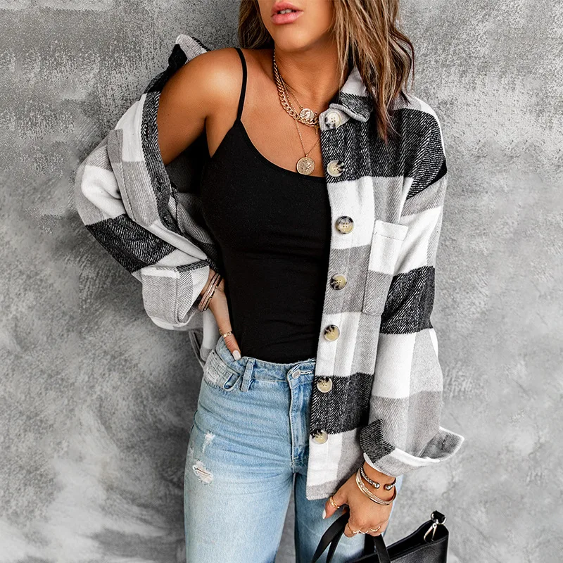 

The Women'S Fall/Winter 2021 New Button-Down Plaid Baby Collar Pocket Casual Coat Shirt 511343
