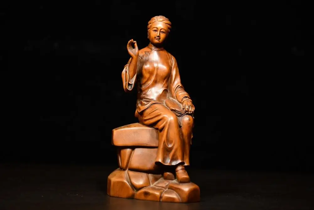 

Wedding Decoration 6" China Lucky Seikos Boxwood Ancient chinese woman statue Folk Women's Wood Carving Beauty wood carving