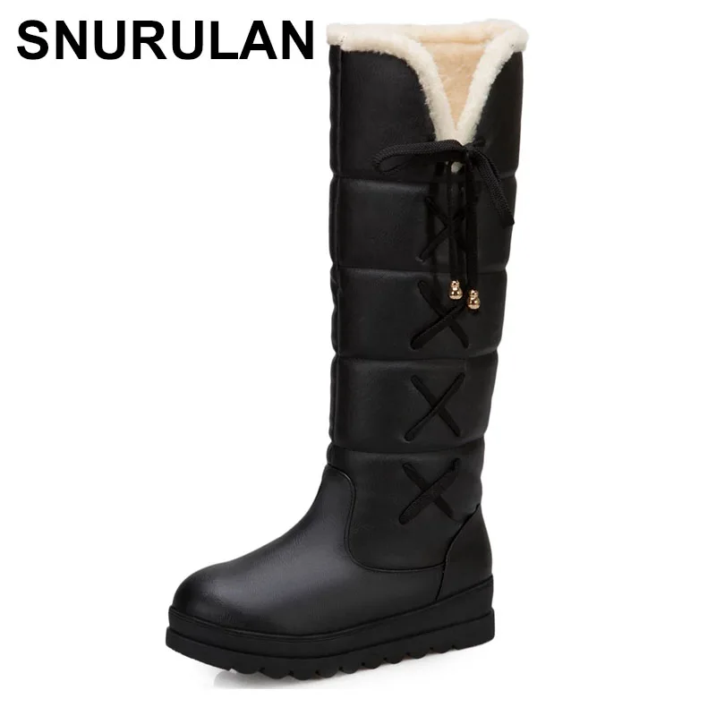 

SNURULAN Winter Warm Snow Knee-high boot Round toe Platform down Lace-up Riband Solid Big size 33-44 Black White Casual