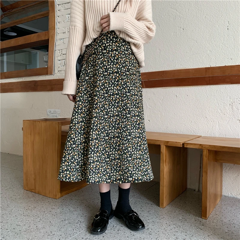 Вельветовая винтажная плиссированная женская уличная юбка миди с цветочным