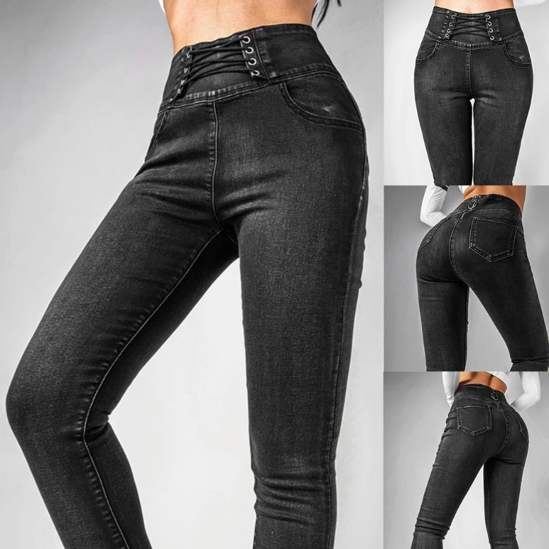 

Women High Waist Sexy Skinny Jeans Cross Bandage Back Zipper Slim Denim Pants M5TE