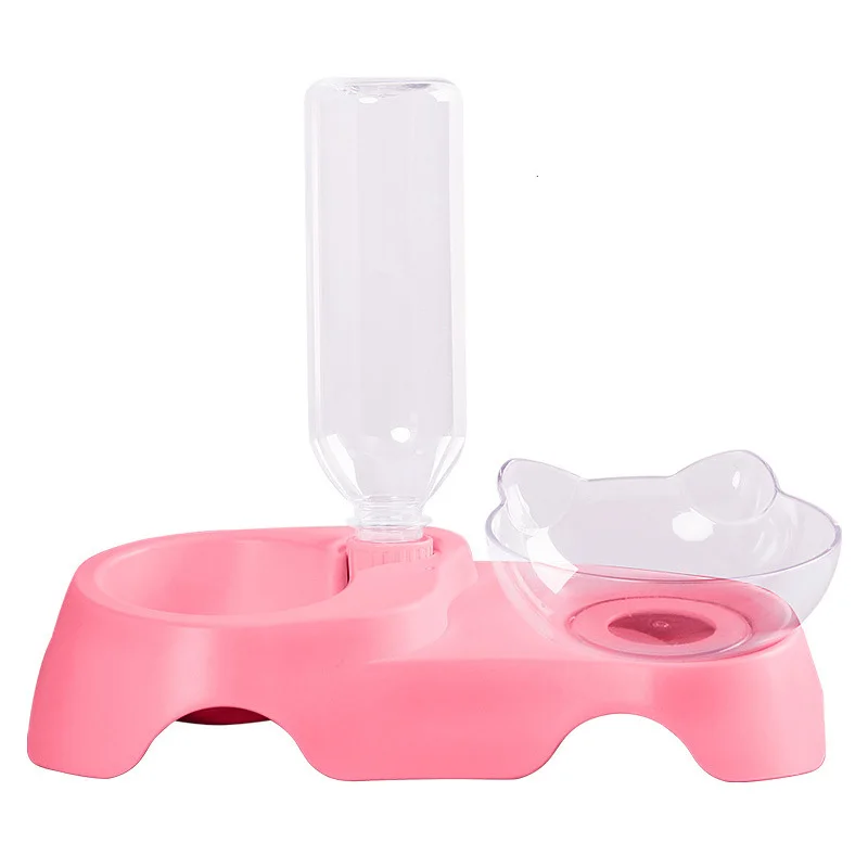 Pink bowl and bottle 2 в 1 кошачьи уши в форме косой миска для кошки ПЭТ двойные миски питьевой фонтан герметичная защита шеи миски для корма домашних животных - Цвет: Pink bowl and bottle