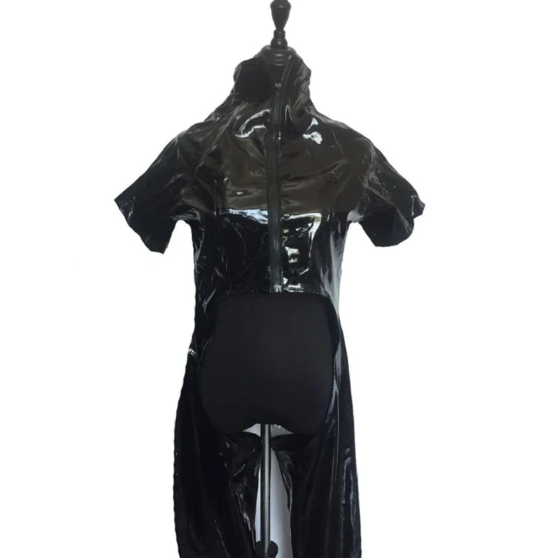 ANNJOLI Open Crotch Catsuit Faux Latex Jumpsuit Back Short Sleeves Zipper Wetlook Leather Overalls Hollow Out Bodysuits Costume |