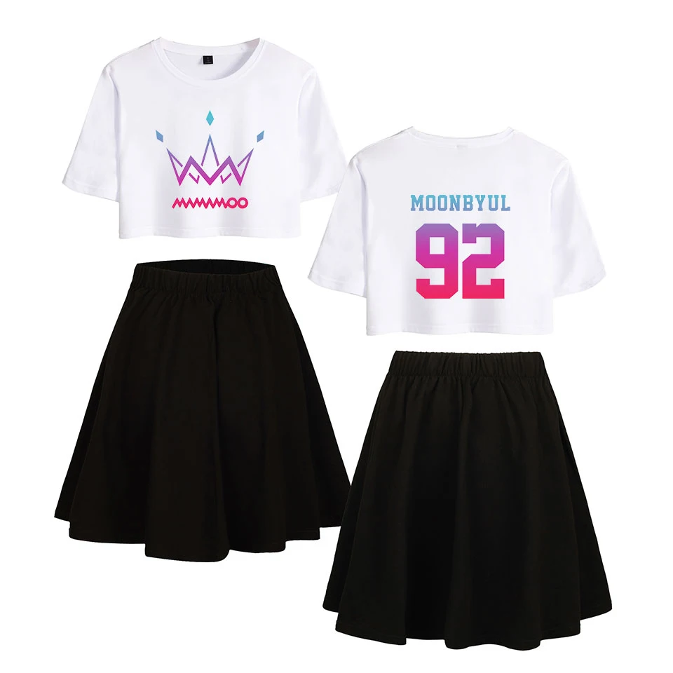 MAMAMOO print Street Basic 2 Pic Skirts Sets Short Sleeve+Short Skirt Fashion Casual cool Streetwear Summer Women Navel | Женская одежда