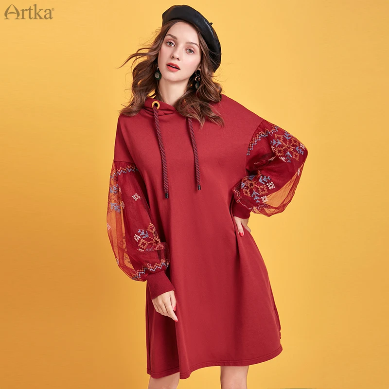 

Женский свитшот с вышивкой ARTKA, винтажный свитшот с сеткой, с капюшоном, VA15095D, Осень-зима 2019