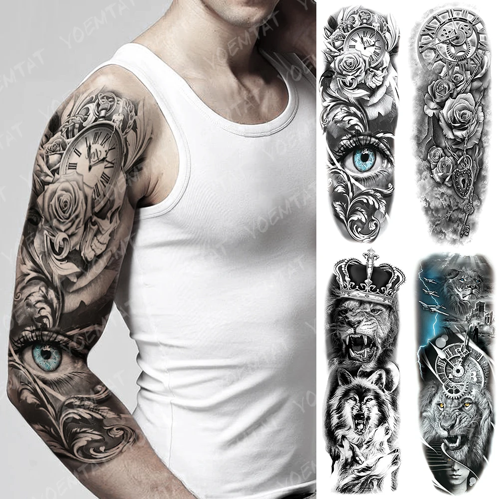Large Arm Tatto Men Rose Clock Eye Gear Waterproof Temporary Tattoo Sticker Lion Wolf Owl Body Art Totem Fake Sleeve Tatoo Woman