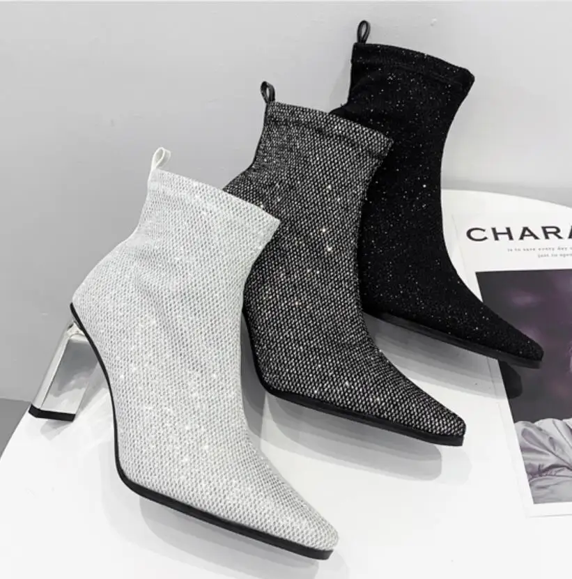 

2019 г., Новая модная женская обувь тонкие ботинки в Корейском стиле блестящие женские ботинки с коротким квадратным носком на высоком каблук...