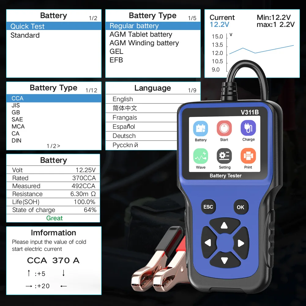 OBDPROG V311B 12 в детектор тестирования аккумулятора автомобильное зарядное