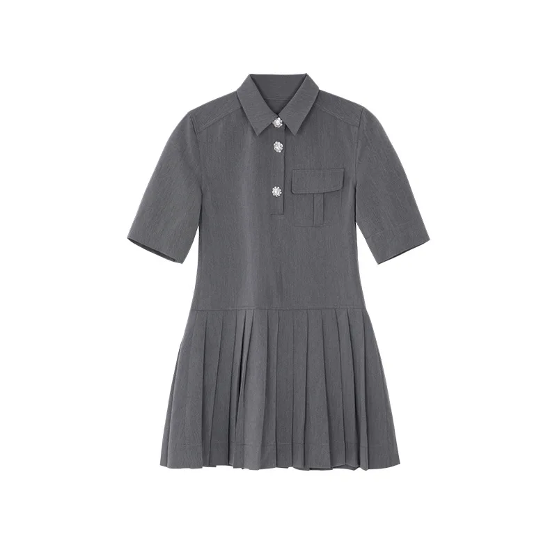 

0332 New Arrival Women Pleated Dress Student College Style Casual Simple Polo Neck Loose Half Sleeve Vintage Drape Mini Dresses