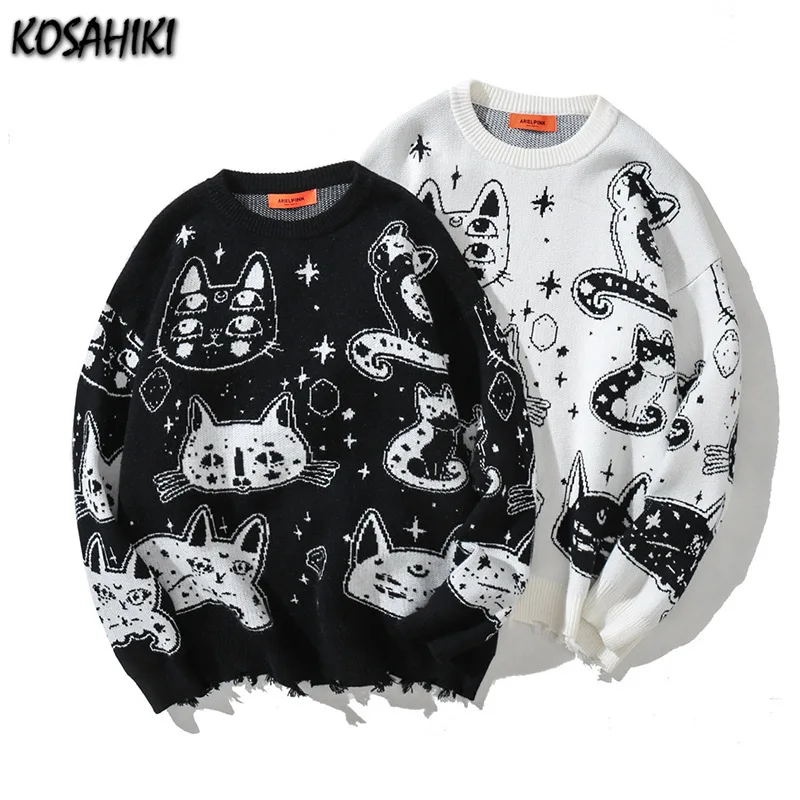 

KOSAHIKI Harajuku Streetwear Women Men Sweaters Graffiti Cartoon Cat Knitted Jumpers Hip Hop Casual Sweater Fashion Loose Tops